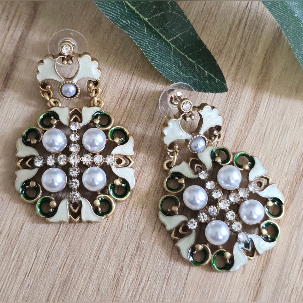 Elegant Gold and Cream and Green Enamel with Crystal & Pearl Earrings
